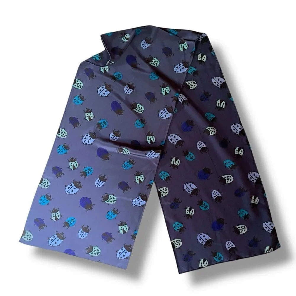 Vintage Charlotte Sparre Denmark Womens Scarf Navy Blue Silk Ladybug Print 63x13